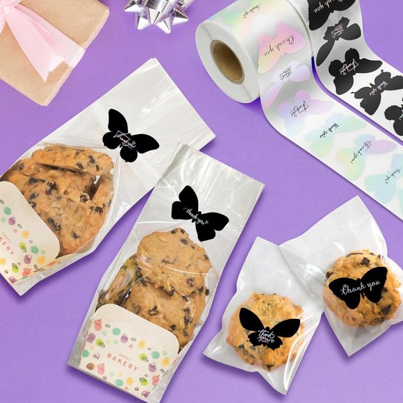 50 THANK YOU Stickers Black Holographic Butterfly 6 Designs Rainbow Foi… - Picture 6 of 7